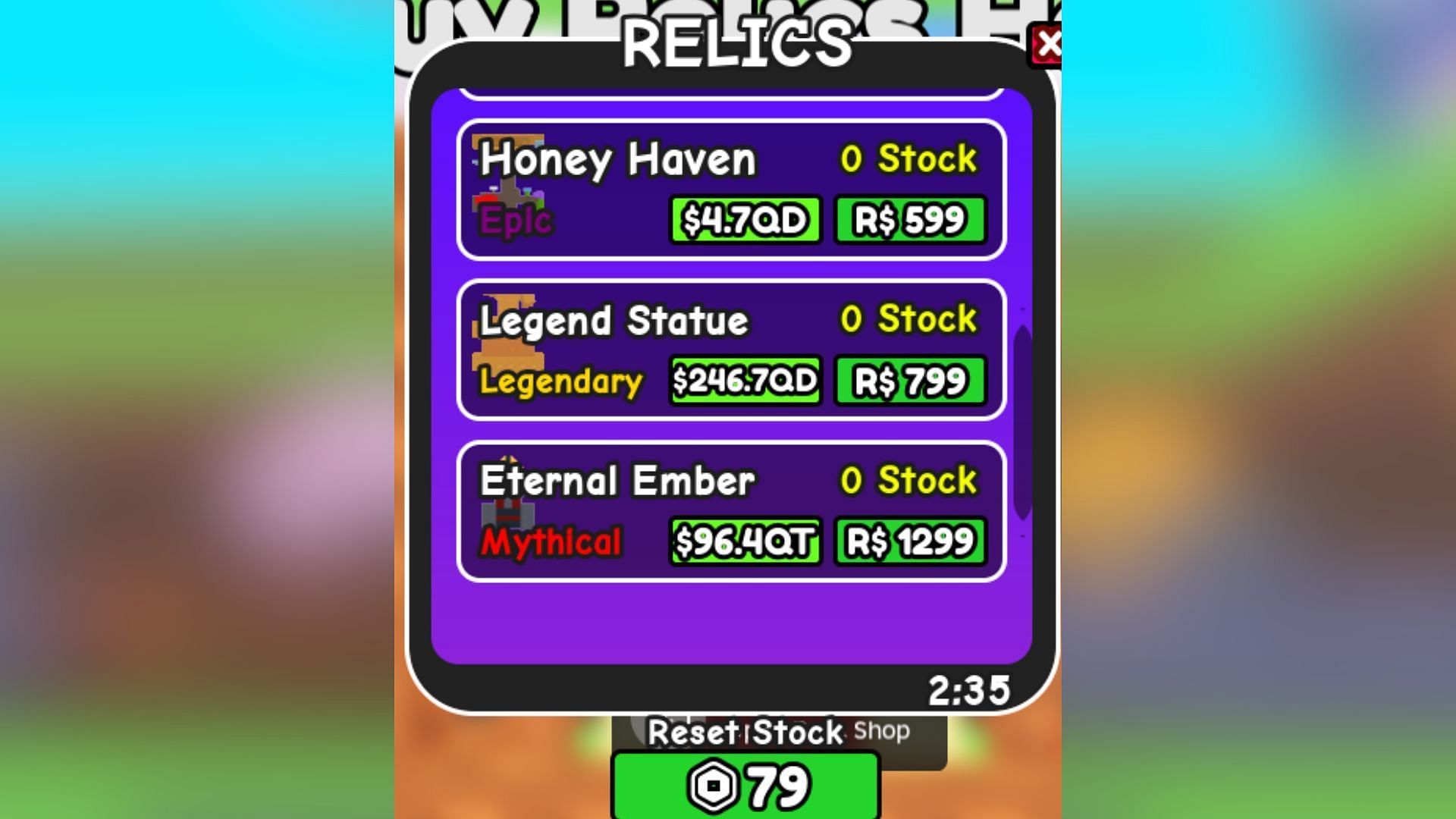 Relics listing at the Shop (Image via Roblox)